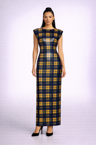 Italian sequin stretch plaid column gown with shoulder pads
