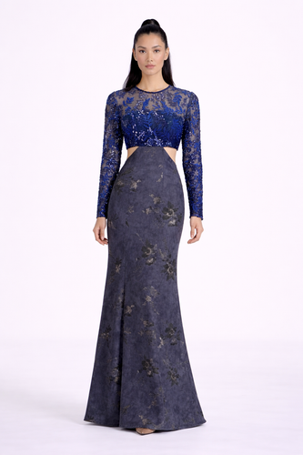 Italian printed suede with french lace cut-out gown