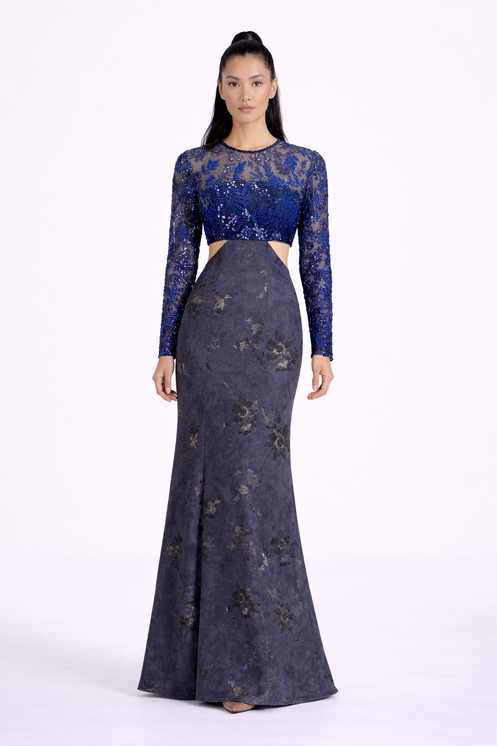 Italian printed suede with french lace cut-out gown