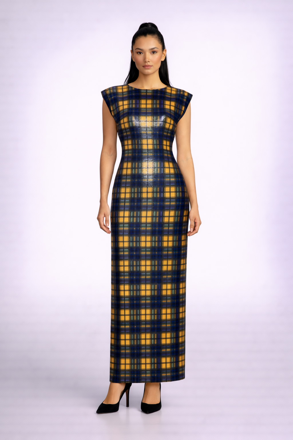 Italian sequin stretch plaid column gown with shoulder pads