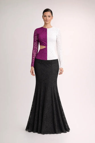 Multi french lace color-block gown with cut-out