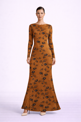 Italian printed floral suede gown with open-low back