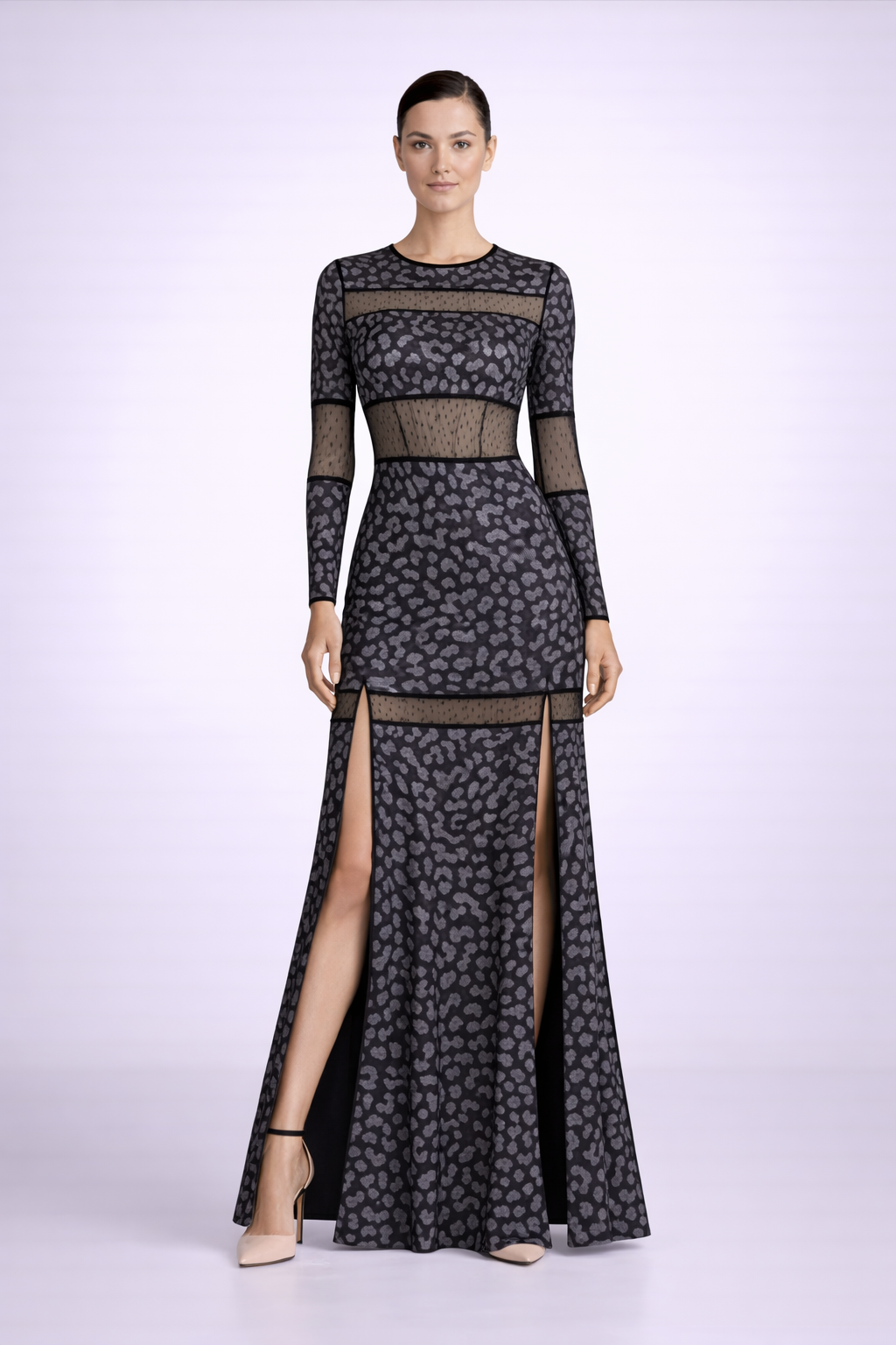 Metallic leopard  jacquard gown with sheer panels and side slits