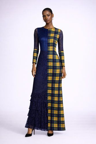 Multi media patterns long sleeve gown