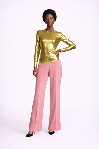 Liquid metallic gold long sleeve top with back cowl-neck