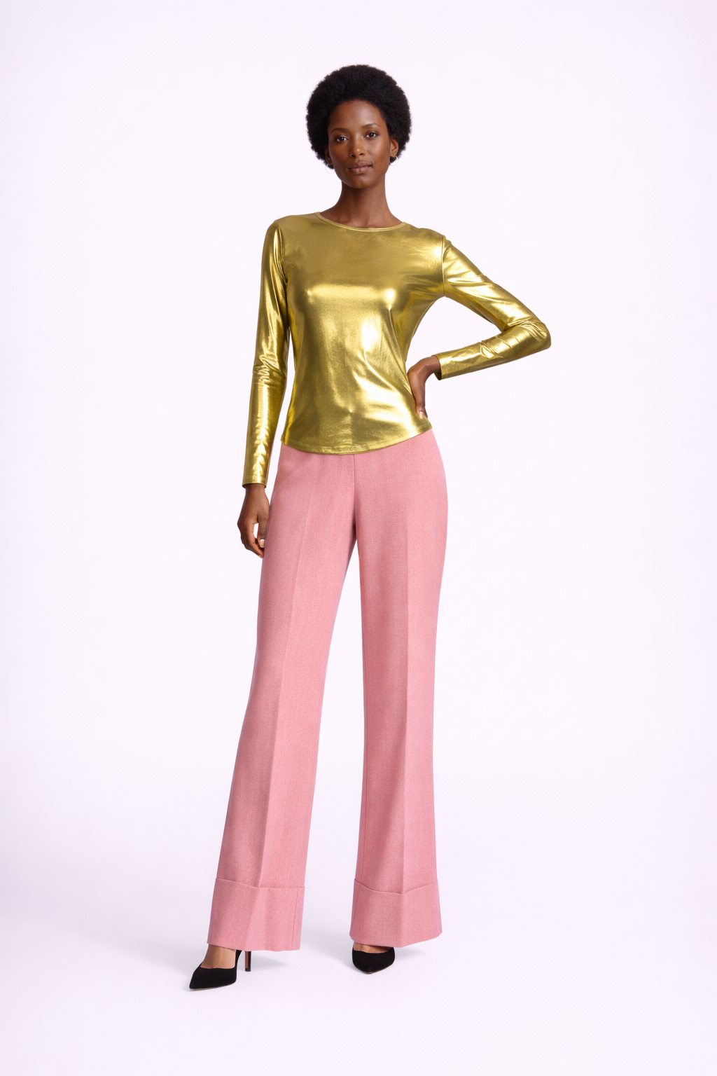 Liquid metallic gold long sleeve top with back cowl-neck