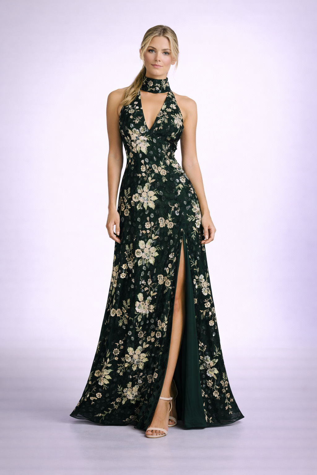 Leopard sequin and embroidery gown with choker and side slit
