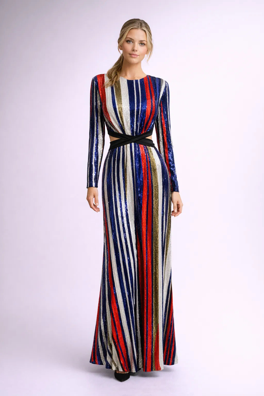 Italian multi sequin stripe cut-out gown