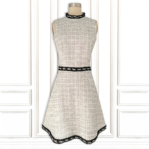 White Boucle Mini Dress with black & white stones Trim - Luxury Resort Collection.