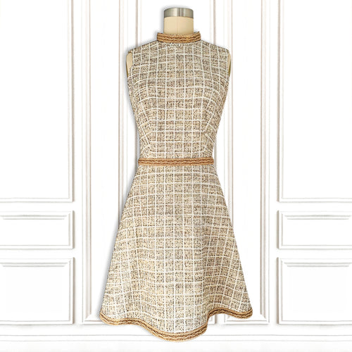 Taupe Boucle Mini Dress with Natural Cord Trim - Luxury Resort Collection.