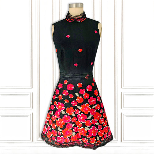 Metallic Brocade Pink Garden Mini Dress with Crochet Trim - Luxury Resort Collection.