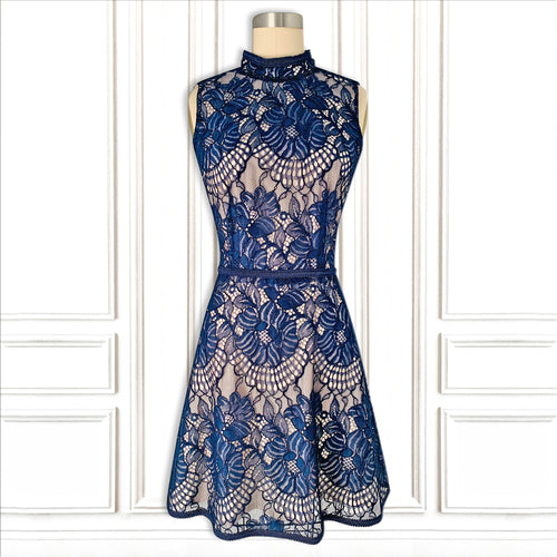 Navy Floral French Lace Mini Dress - Luxury Hamptons Collection.