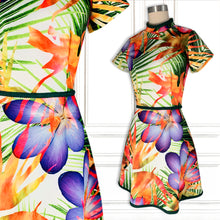 Tropical Neo Print Short Sleeves Stretch Italian Scuba Mini Dress - Luxury Hamptons Collection